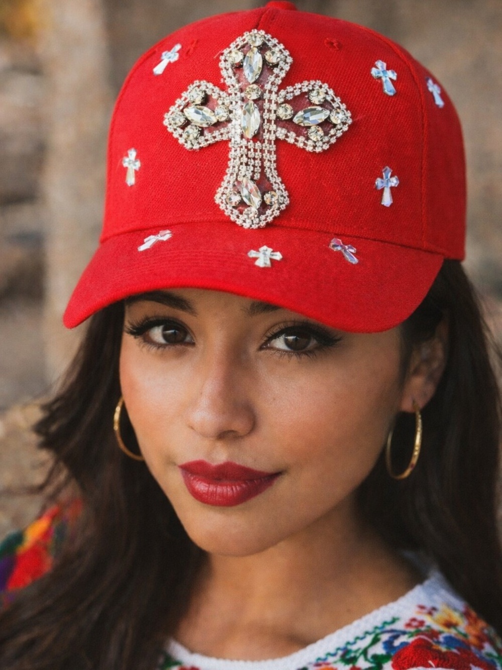 Rhinestone Cross Custom Red Ball Cap